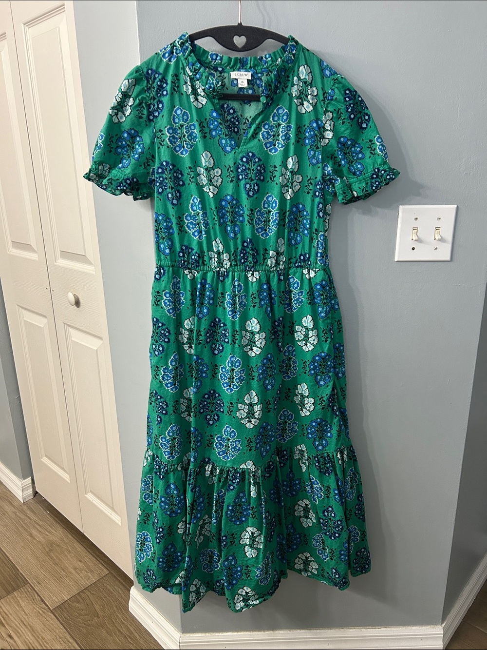 J. Crew Green Floral Tiered Midi Dress
